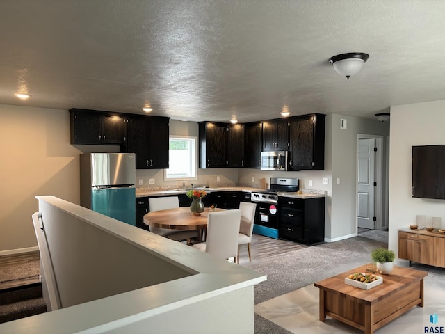 kitchen with light carpet, a textured ceiling, and appliances with stainless steel finishes