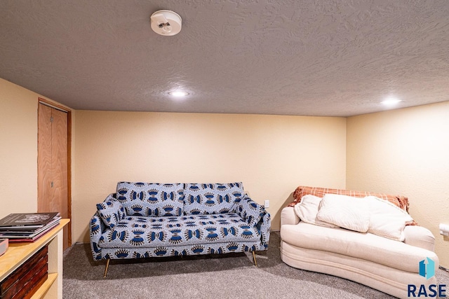 living room featuring carpet flooring and a textured ceiling