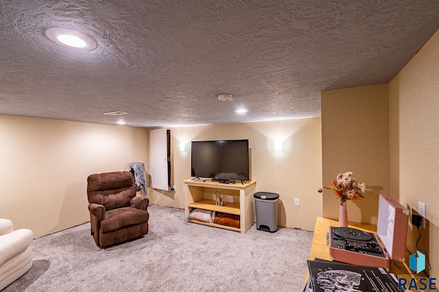 interior space with carpet flooring and a textured ceiling