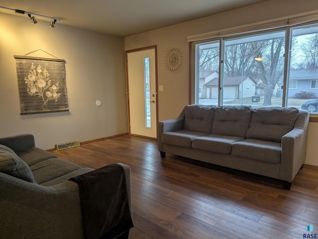 living room featuring rail lighting and dark wood-type flooring