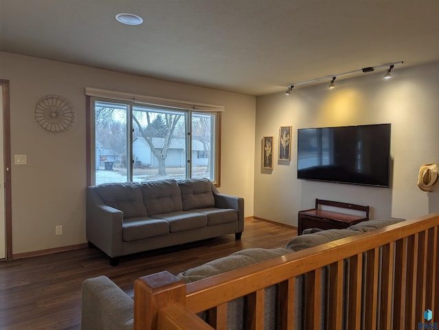 living room with hardwood / wood-style floors and rail lighting