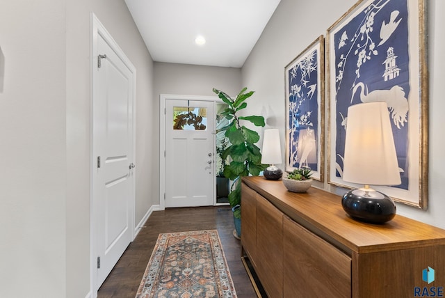 doorway with dark hardwood / wood-style flooring