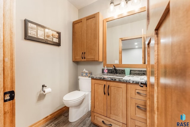 bathroom with wood-type flooring, vanity, and toilet