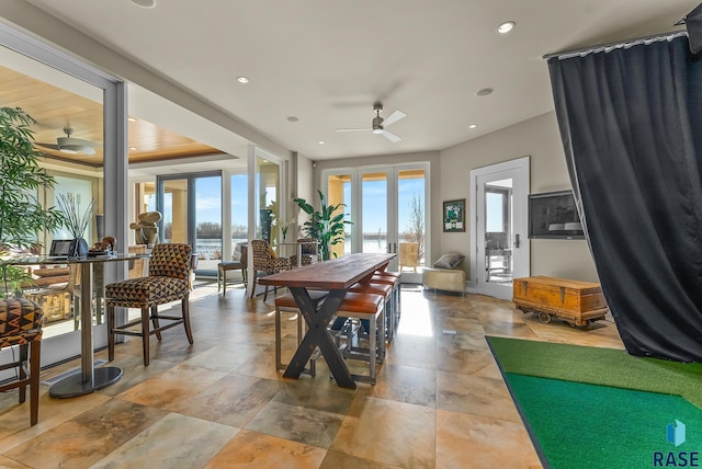 recreation room with ceiling fan