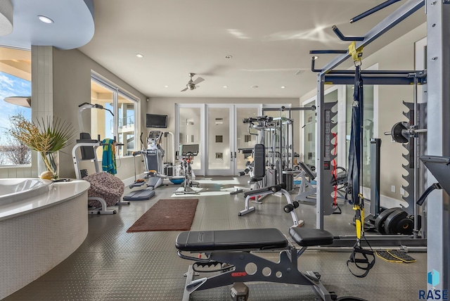 workout area with ceiling fan