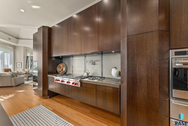 kitchen with stainless steel appliances, decorative backsplash, dark brown cabinets, and light hardwood / wood-style floors