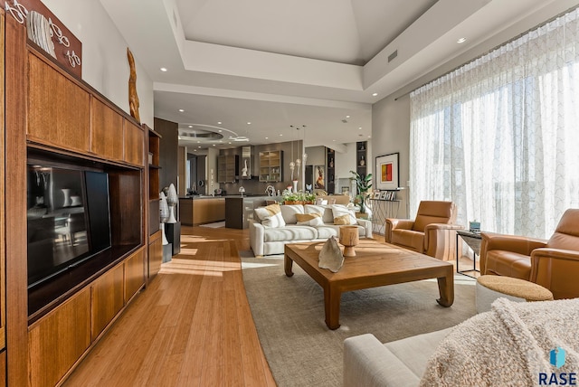 living room featuring a towering ceiling and light hardwood / wood-style flooring