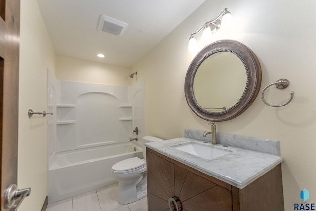 full bathroom featuring tile patterned flooring, vanity, shower / bathtub combination, and toilet