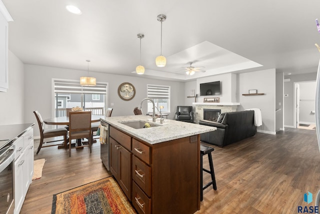 kitchen with sink, dishwasher, light stone counters, a raised ceiling, and pendant lighting