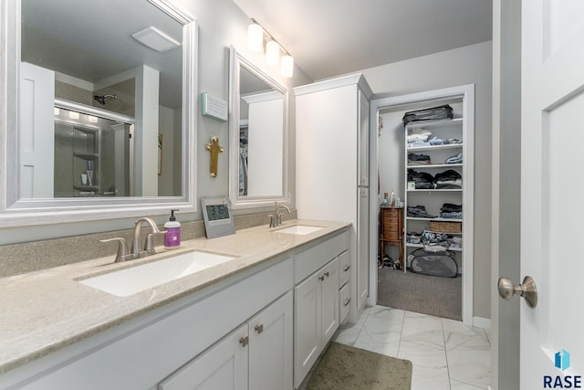 bathroom featuring vanity and a shower with shower door