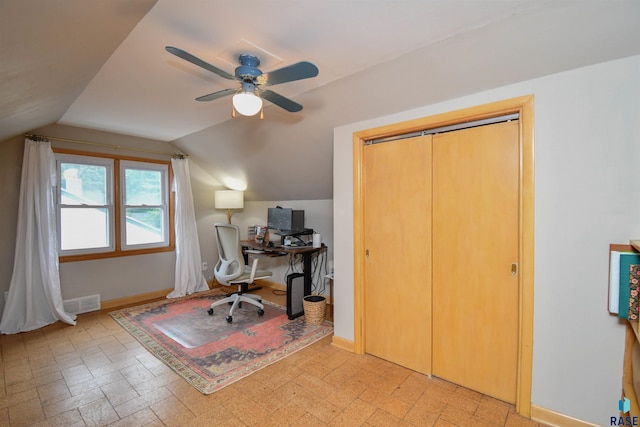 office space with ceiling fan and lofted ceiling