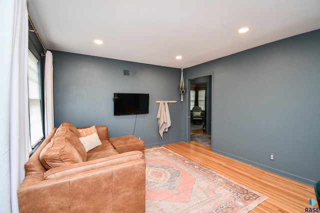 living room featuring a healthy amount of sunlight and hardwood / wood-style flooring