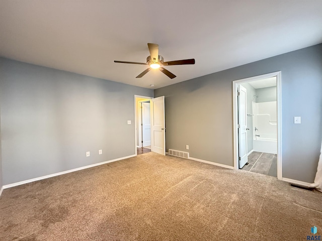 unfurnished bedroom featuring connected bathroom, ceiling fan, and carpet