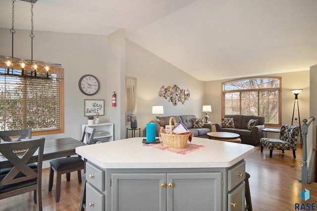 kitchen with gray cabinets, a center island, a healthy amount of sunlight, and vaulted ceiling