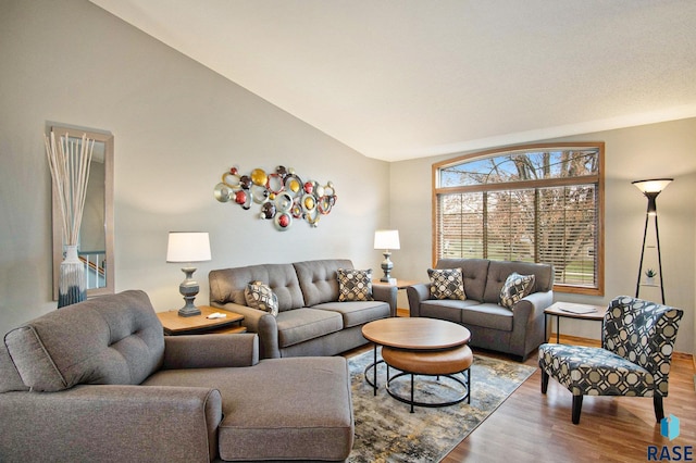 living room featuring hardwood / wood-style floors and vaulted ceiling