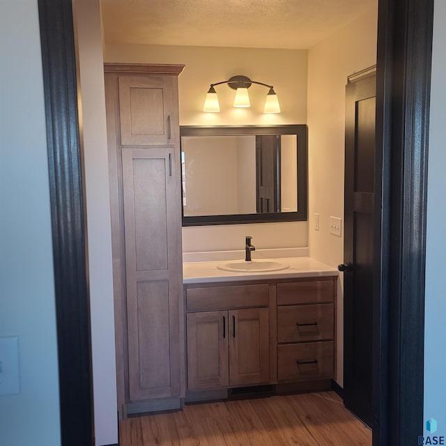 bathroom with vanity, wood-type flooring, and a textured ceiling