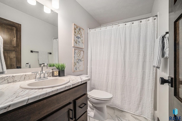 full bathroom with vanity, toilet, shower / bath combo with shower curtain, and a textured ceiling