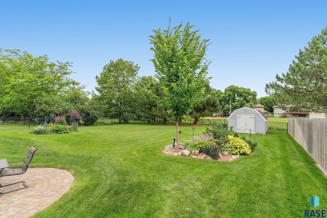 view of yard featuring a patio area and a storage shed