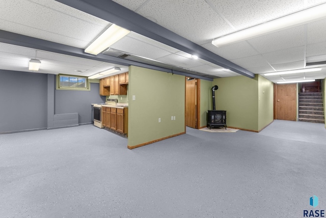 basement with a wood stove