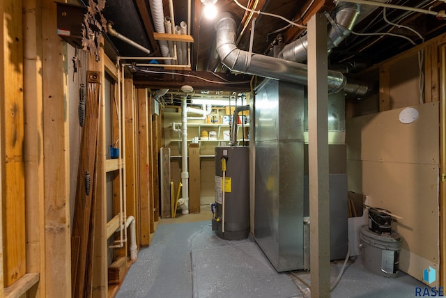 utility room with gas water heater and heating unit