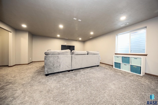 living room featuring light carpet