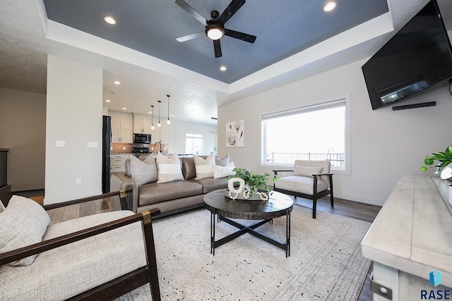 living room with ceiling fan, a raised ceiling, wood-type flooring, and sink