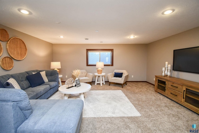 living room featuring light carpet