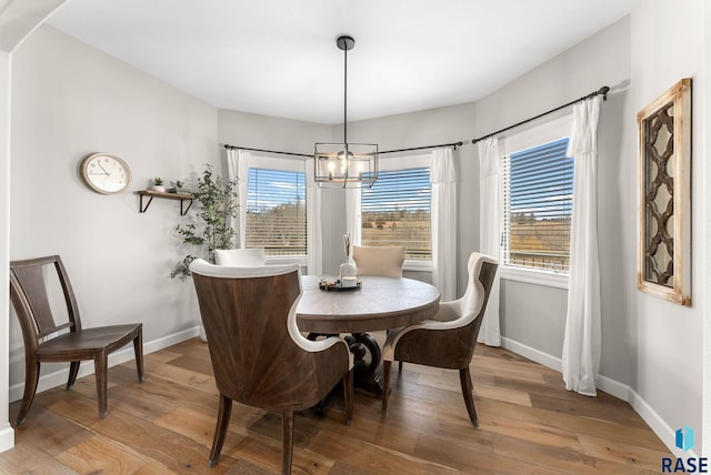 dining space with a chandelier and hardwood / wood-style floors