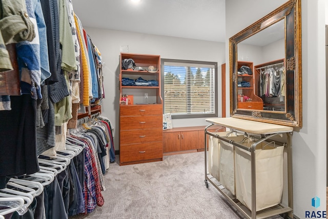 walk in closet featuring light colored carpet