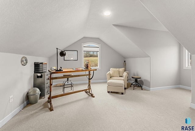 sitting room with a textured ceiling, vaulted ceiling, and carpet flooring