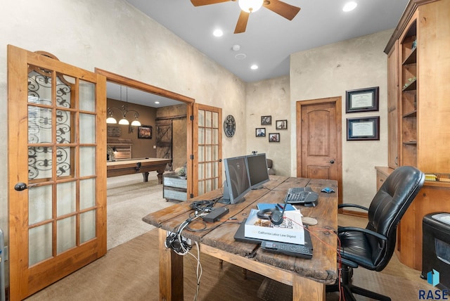 office with french doors, pool table, ceiling fan, and light colored carpet