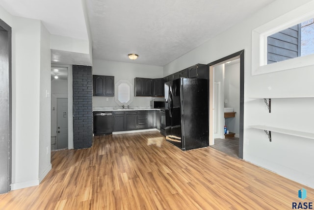 kitchen with sink, black appliances, and light hardwood / wood-style flooring