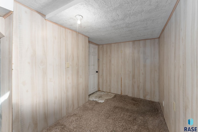 empty room with a textured ceiling, wood walls, and carpet flooring