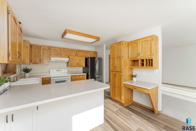 kitchen with white electric stove, light countertops, a sink, a peninsula, and under cabinet range hood