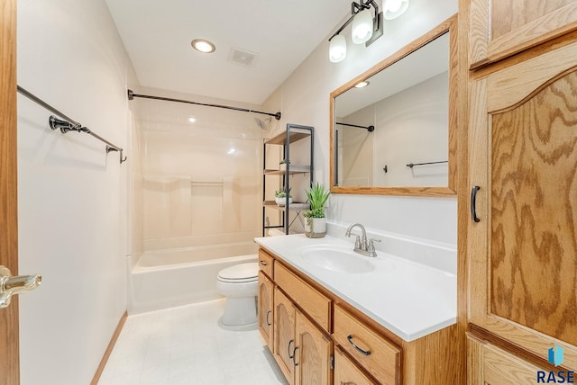 full bathroom featuring toilet, recessed lighting, visible vents, vanity, and tub / shower combination