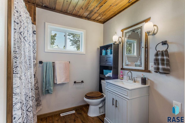 bathroom with wood ceiling, hardwood / wood-style floors, vanity, and toilet