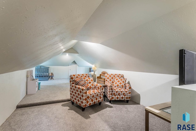 living area with a textured ceiling, light carpet, and vaulted ceiling