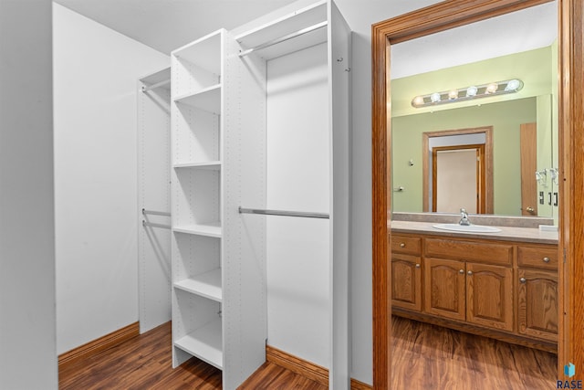 spacious closet with sink and dark hardwood / wood-style floors