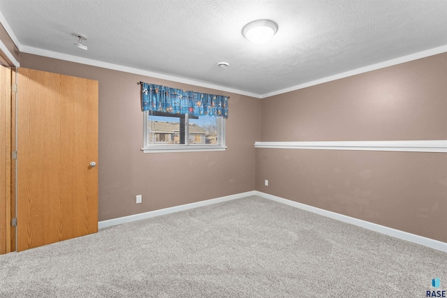 carpeted spare room with a textured ceiling and crown molding