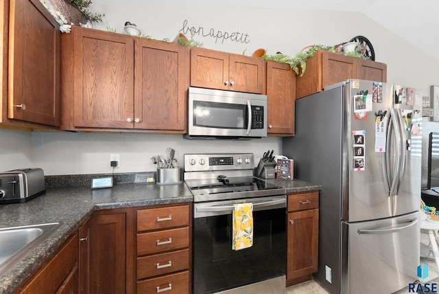 kitchen with sink, stainless steel appliances, and lofted ceiling