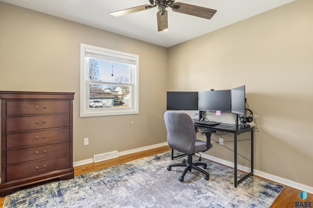 office area featuring ceiling fan and hardwood / wood-style floors