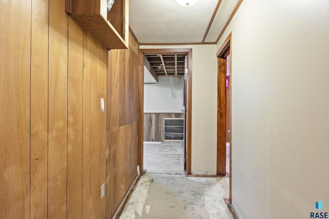 corridor featuring wooden walls