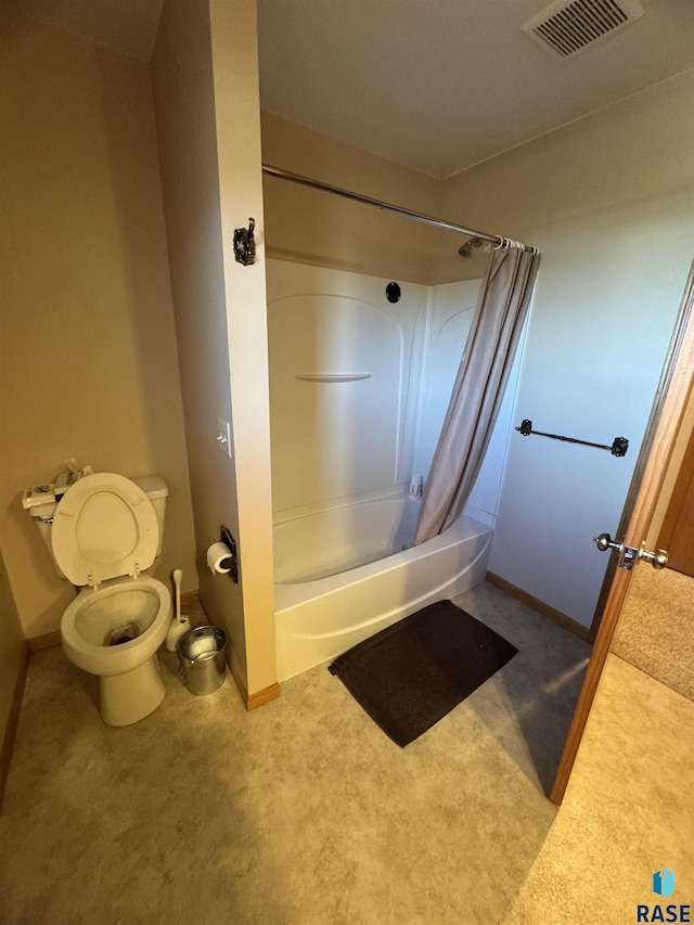 bathroom with toilet and shower / bathtub combination with curtain