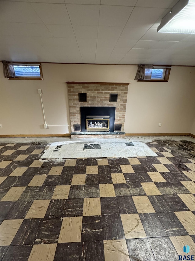 basement featuring a fireplace