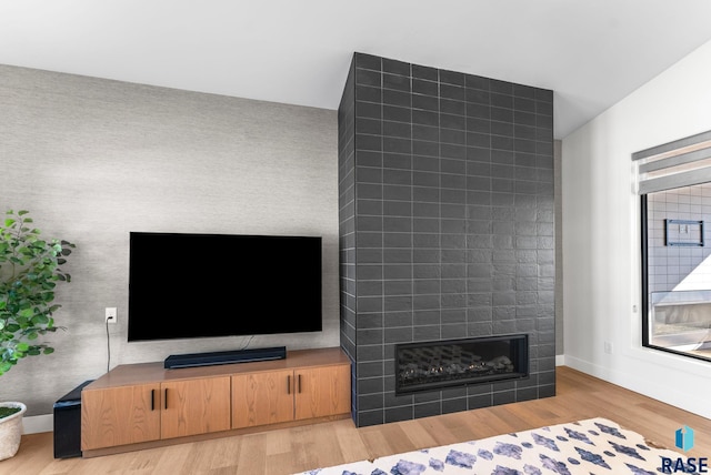 living room with light hardwood / wood-style floors and a fireplace