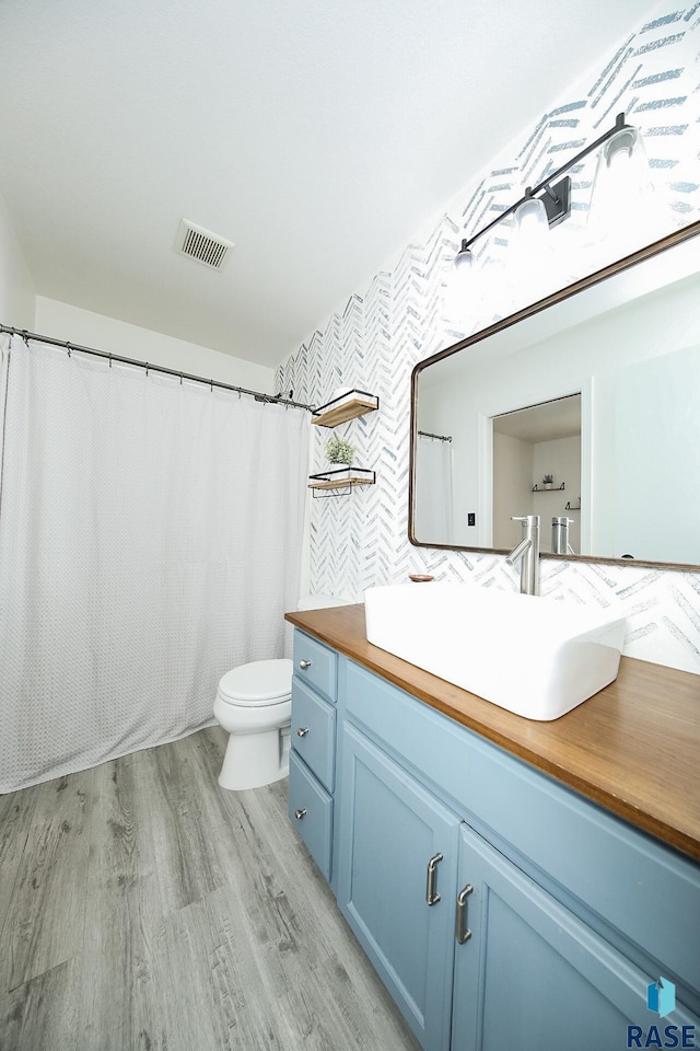 bathroom with wood-type flooring, vanity, and toilet