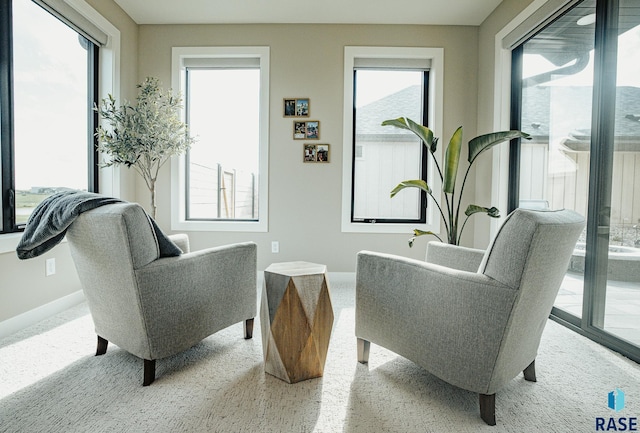 sitting room featuring light colored carpet