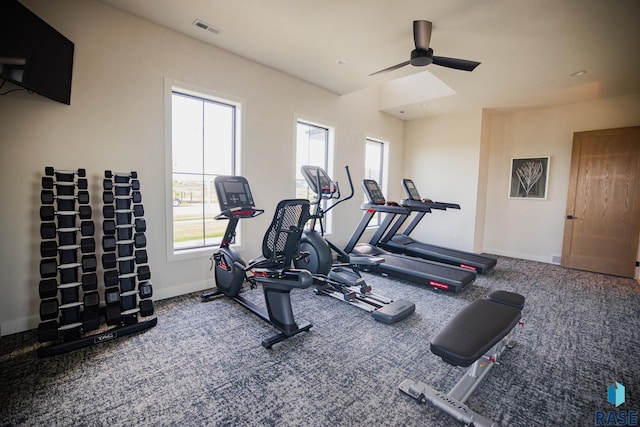 exercise room with ceiling fan and a wealth of natural light