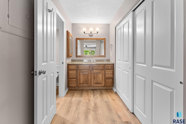 bathroom with vanity, a textured ceiling, and hardwood / wood-style flooring