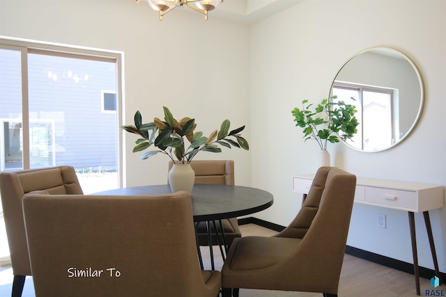 dining room with light hardwood / wood-style floors, a wealth of natural light, and a notable chandelier